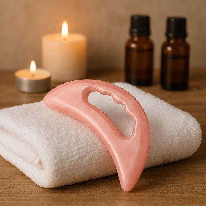 Sten til ansigtsmassage og hudpleje - Gua Sha i rosakvarts forbedrer blodcirkulation og reducerer hævelser: A different realistic spa environment where the product is securely positioned on a plush white towel, naturally placed beside aromatic candles and essential oils, suggesting relaxation.