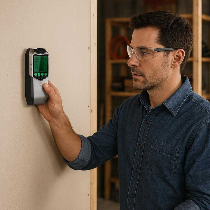 Stendersøger 5-i-1 – Professionel Digital Vægscanner med LCD, Præcision & Høj Kvalitet. A professional confidently uses the digital wall scanner on a drywall surface, identifying studs and pipes with precision in a well-lit workshop setting.