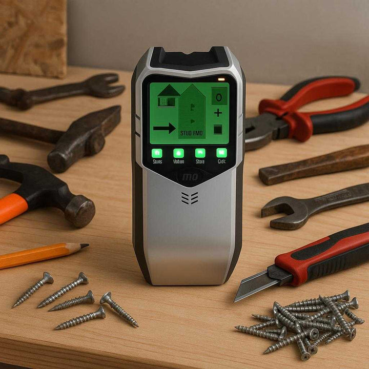 Stendersøger 5-i-1 – Professionel Digital Vægscanner med LCD, Præcision & Høj Kvalitet. The digital wall scanner sits on a modern workbench surrounded by an array of hand tools, capturing the essence of a high-quality, organized home renovation project.