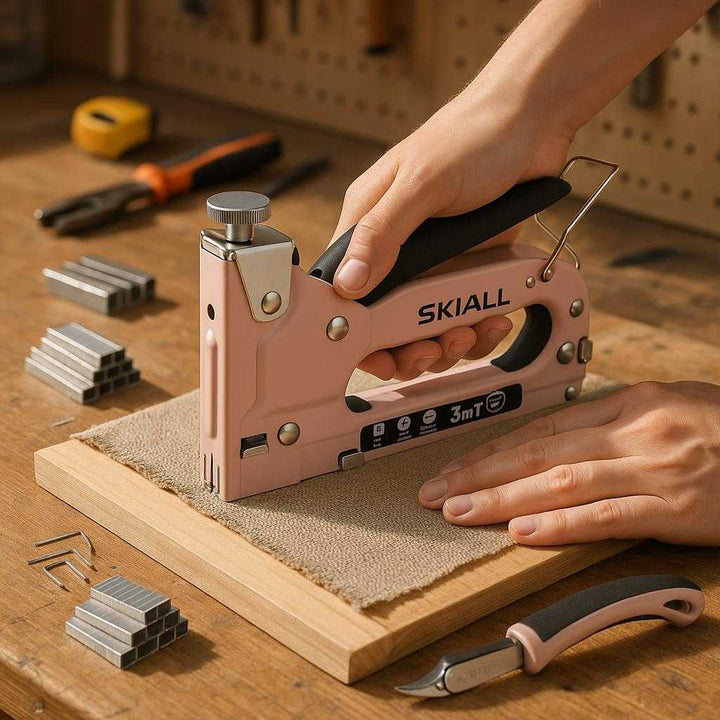 Stiftepistol i Pink og Blå - metal, Plastik, Gummi - Fleksibel og Ergonomisk: A realistic home workshop setting where the stapler is properly grounded on a sturdy wooden workbench, being actively used by a person's hands to attach fabric to a wooden board, with natural lighting casting realistic shadows and showing clear contact points where the stapler and staples touch the surface.