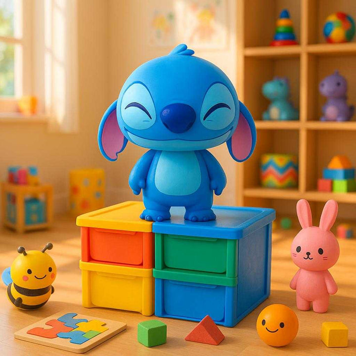 Stitch figurine med æstetisk appel - Blå og pink, moderne stil, perfekt til hjemmedekoration og samlere: A vibrant children's playroom, where the Stitch figurine is placed atop a colorful, multi-level toy organizer.