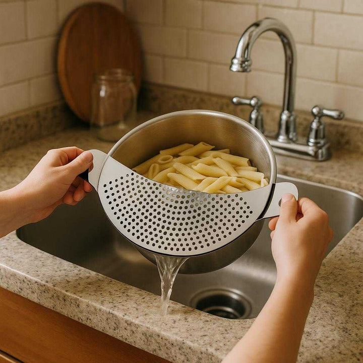 Stålsi Rustfri Kvalitet - Sølv, Moderne Design i Rustfrit Stål, Kompakt: A realistic kitchen setting where the stainless steel strainer is properly grounded on a countertop, being actively used by hands to drain pasta over a sink, with natural lighting casting realistic shadows and showing clear contact points where the strainer touches the surface.