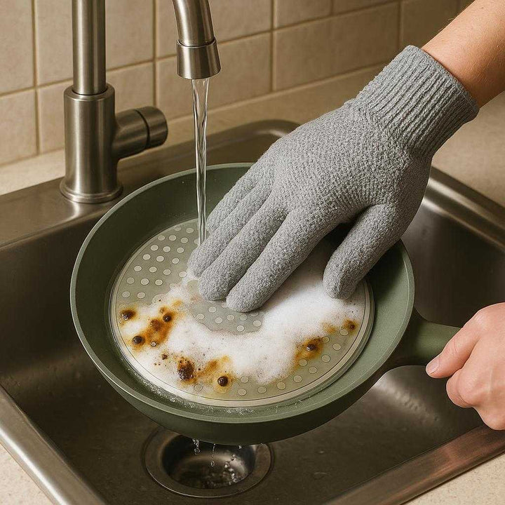 Ståltråds opvaskhandsker i metaltråd og syntetisk fiber, beskytter hænderne, S - 1 stk, M - 1 stk, L - 1 stk: A realistic kitchen setting where the steel wire and synthetic fiber dishwashing glove is properly grounded on the edge of a kitchen sink, being actively used by a hand to scrub a frying pan with baked-on food under running water.