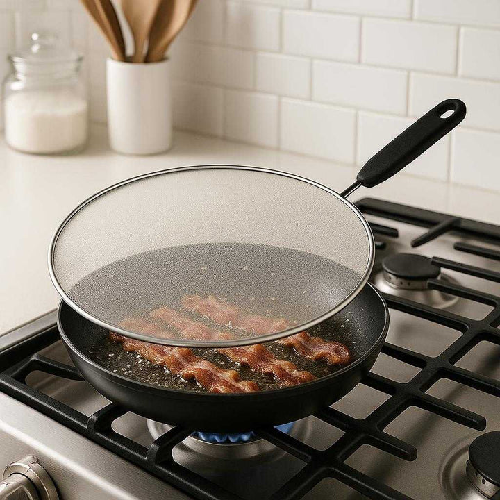 Stænkbeskytter i Rustfrit Stål – Professionel og Elegant Design til Effektiv Beskyttelse i Køkkenet. The stainless steel splash guard in action on a stovetop, effectively containing oil splatter from a sizzling pan of bacon, with a modern kitchen background.