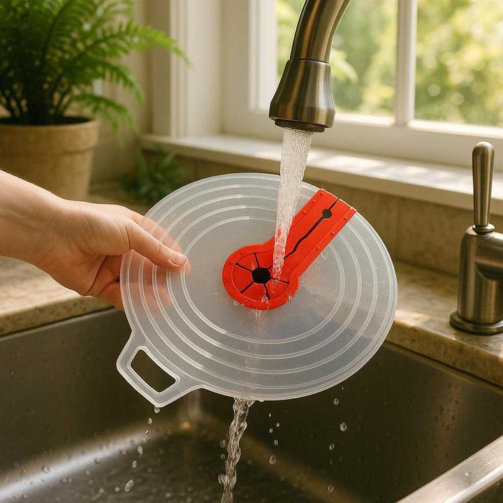 Stænklåg til pande og stegepande - Gennemsigtig silikone med rød detalje, varmebestandig og nem at rengøre. The lid is shown being effortlessly cleaned under a stream of warm water in a polished kitchen sink, surrounded by lush greenery and sunlight filtering through a nearby window, highlighting its ease of maintenance and eco-friendly design.