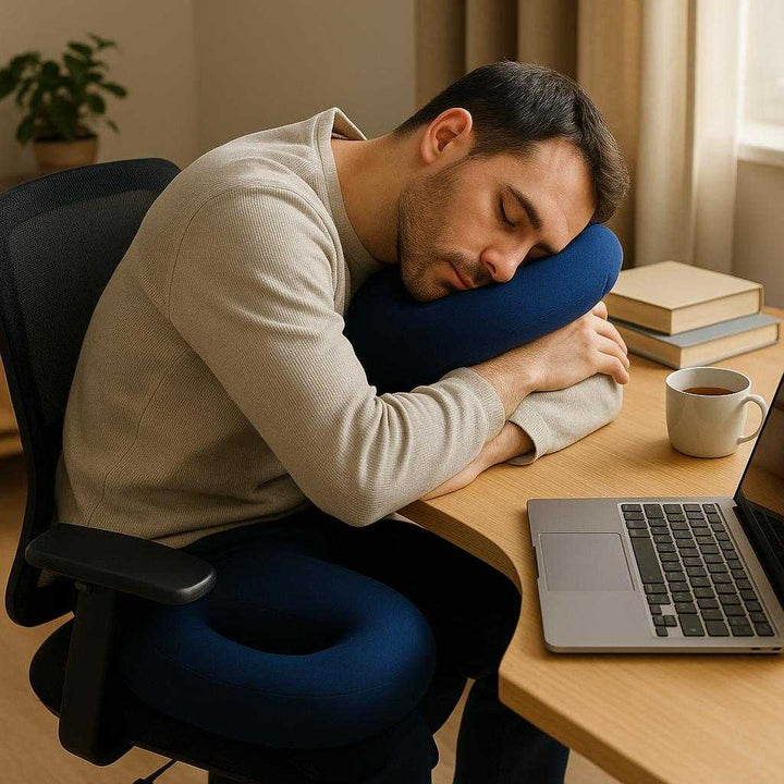 Støtte Powernappude - Ergonomisk Komfort, Mørkeblå, Grå, Lysrød - Optimal: A realistic home office setting where the Støtte Powernappude is properly grounded on an ergonomic office chair, being actively used by a person taking a power nap at their desk.