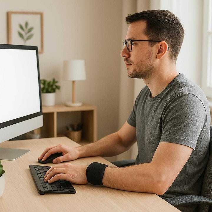 Støttebånd i Neopren – Justerbar Høj Kvalitet til Komfortabel Stabilitet og Ergonomi. A person at their desk in a home office is using a computer while comfortably wearing the neoprene support band on their wrist, depicting ergonomic benefits in a workspace setting.