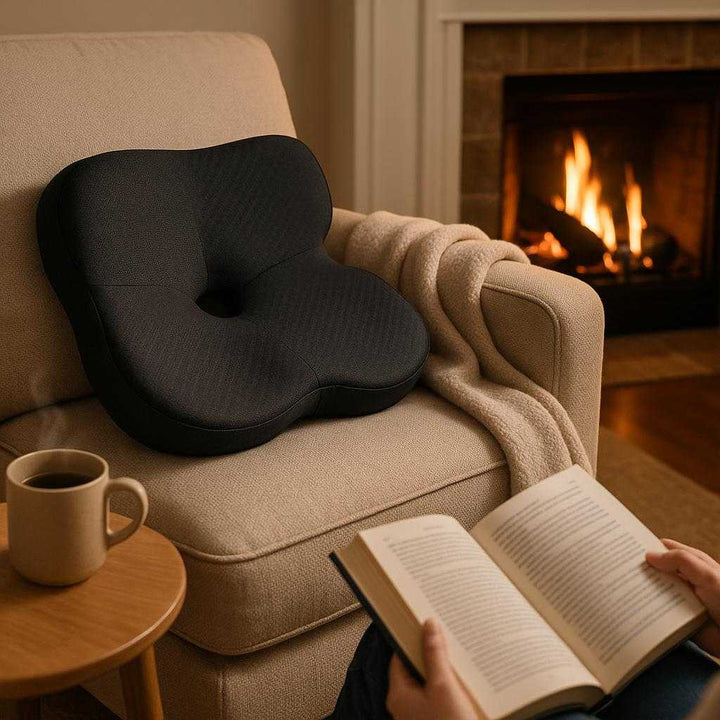 Støttepude i sort med ergonomisk design - Komfort og støtte til ryg og lænd: A serene living room environment, where the black ergonomic support cushion rests on a plush armchair beside a crackling fireplace.