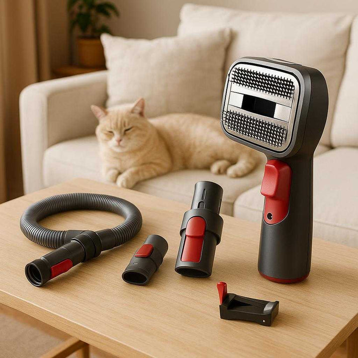 Støvsugerbørste til Dyrehår - Professionel, Høj Kvalitet Støvsugerbørste med Ergonomisk Design og Fleksible Adaptere. The ergonomic vacuum brush, shown with its flexible adapters, is displayed on a coffee table in a cozy living room, with a content cat lounging nearby on a pristine sofa.