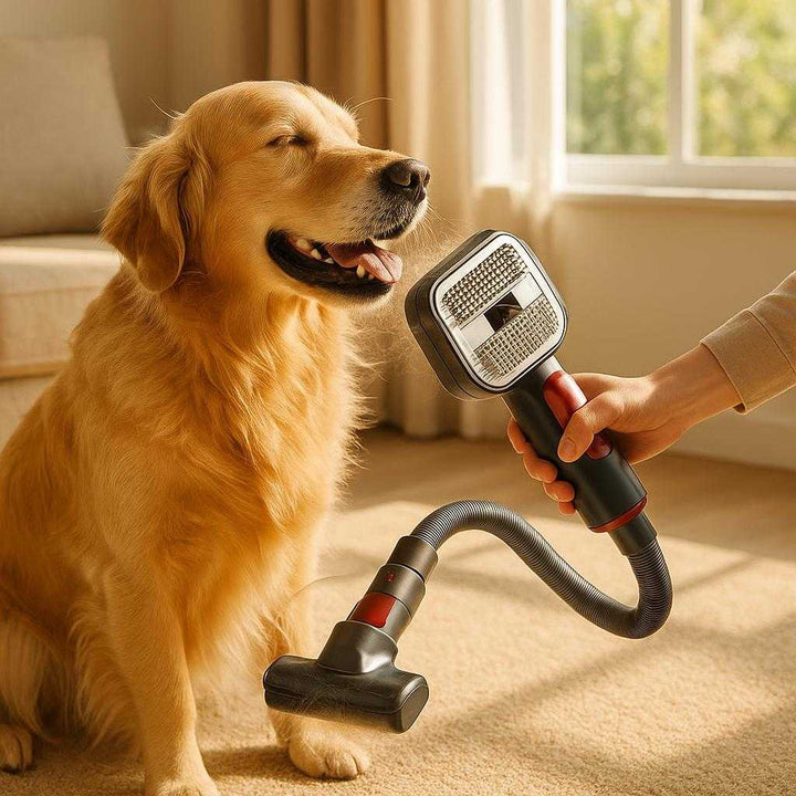 Støvsugerbørste til Dyrehår - Professionel, Høj Kvalitet Støvsugerbørste med Ergonomisk Design og Fleksible Adaptere. The professional pet hair vacuum brush is being used on a golden retriever's fur, effectively capturing loose hair, while sunlight pours through a living room window highlighting the clean carpet.