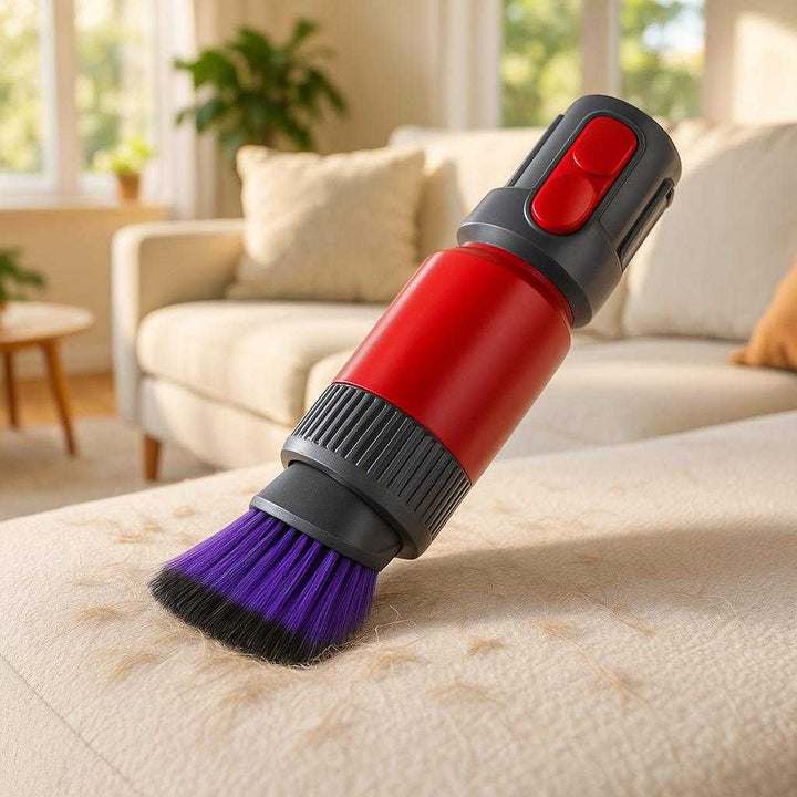 Støvsugerbørste til Dyson - Professionel Rengøring med Avanceret Design i Rød og Lilla. In a bright modern living room, the red and purple vacuum brush attachment effectively removes pet hair from a plush white sofa, with a cozy atmosphere and sunlight streaming through large windows.