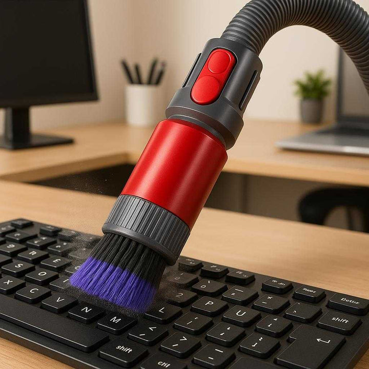 Støvsugerbørste til Dyson - Professionel Rengøring med Avanceret Design i Rød og Lilla. The advanced red and purple vacuum brush attachment is actively cleaning dust off a computer keyboard in an office, with the vacuum cleaner's hose visible and a professional workspace in the background.