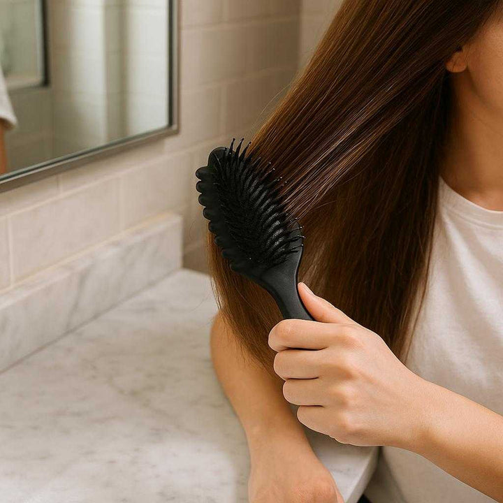 Stylingbørste med varme - Professionel kvalitet til detangling og styling af hår - Tilgængelig i Sort, Lilla, Lyserød og Lyseblå: A realistic bathroom setting where the styling brush is properly grounded on a marble countertop next to a mirror, being actively used by a person to detangle and style their hair.
