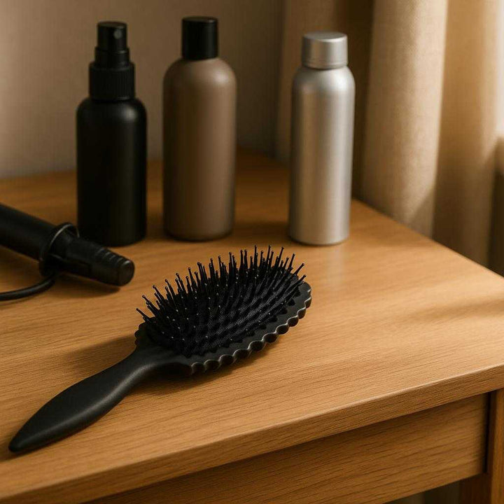 Stylingbørste med varme - Professionel kvalitet til detangling og styling af hår - Tilgængelig i Sort, Lilla, Lyserød og Lyseblå: A different realistic bedroom setting where the styling brush is securely positioned on a wooden vanity table surrounded by hair styling products.