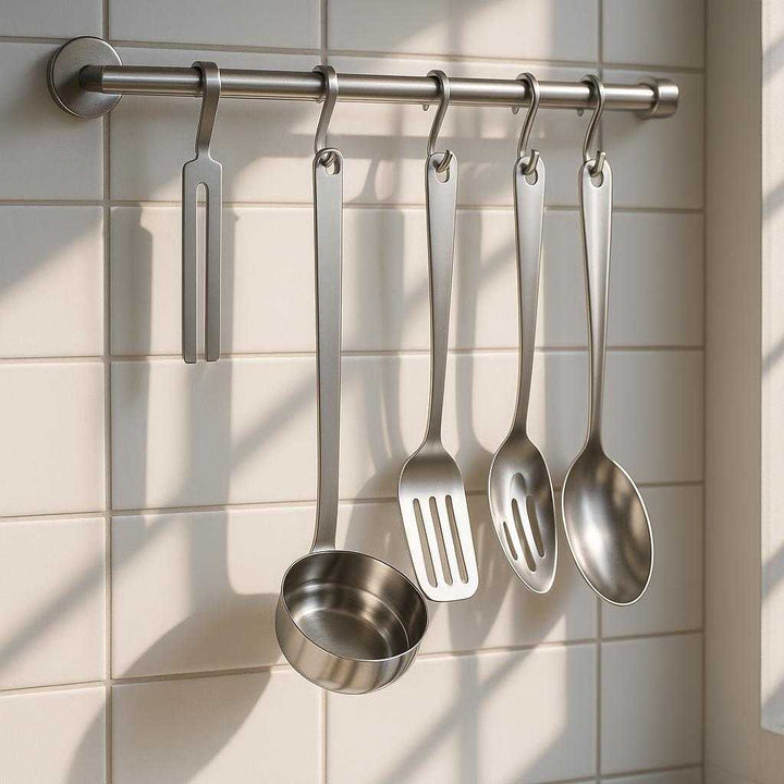Suppeøse i rustfrit stål - Moderne, holdbar og nem at rengøre. The durable soup ladle hangs prominently on a modern kitchen wall rack, with gleaming utensils and bright natural light streaming in.