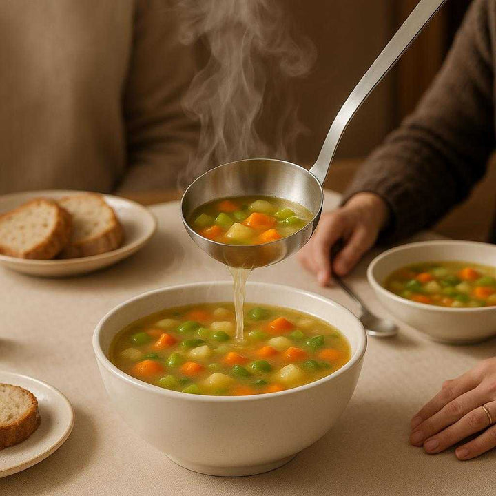 Suppeøse i rustfrit stål - Moderne, holdbar og nem at rengøre. The stainless steel soup ladle is gracefully serving a steaming bowl of vegetable soup at a family dinner table, with a pot of soup visible in the background.