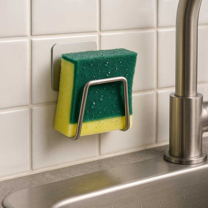Svampeholder i rustfrit stål med sugekop - Pladsbesparende og hygiejnisk opbevaring til vask i sølvfarvet design: A realistic kitchen sink area where the stainless steel sponge holder is securely attached to the tiled wall above the sink.