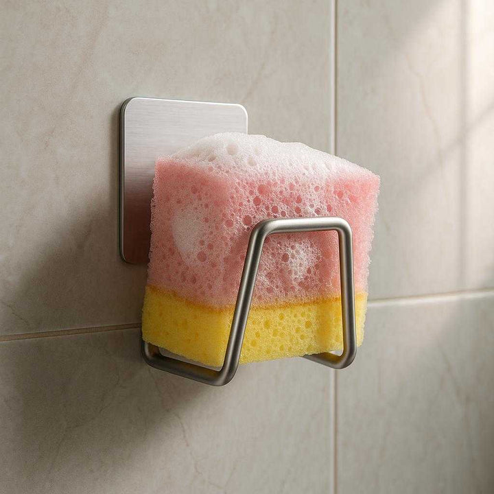 Svampeholder i rustfrit stål med sugekop - Pladsbesparende og hygiejnisk opbevaring til vask i sølvfarvet design: A realistic bathroom setting where the stainless steel sponge holder is attached to the smooth surface of a shower wall.