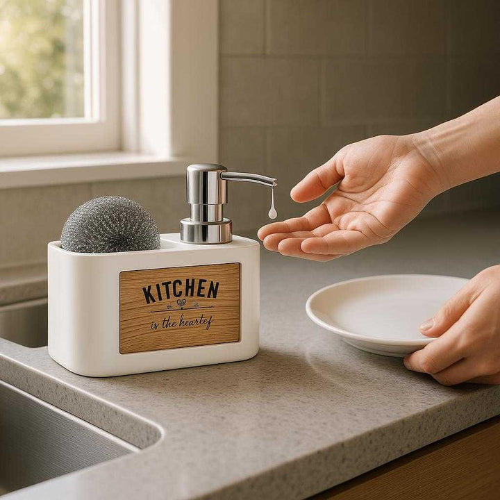 Svampeholder med Sæbepumpe til Vask i Hvid og Sort – Elegant Funktionalitet til Moderne Køkkener. The elegant white and black soap pump with sponge holder rests on a modern kitchen countertop, dispensing soap as a hand reaches out to grab a dish, with a sleek steel sink and a window with sunlight streaming in the background.