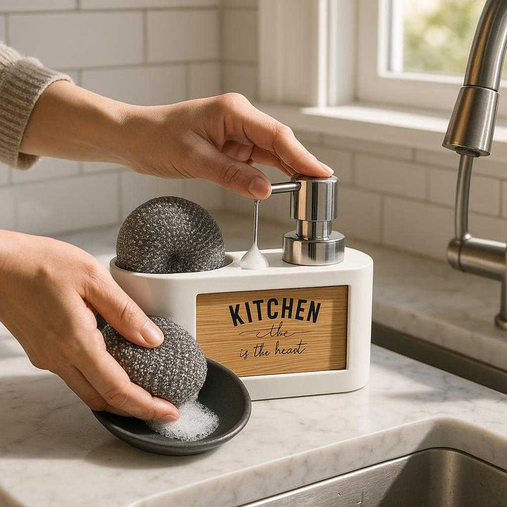 Svampeholder med Sæbepumpe til Vask i Hvid og Sort – Elegant Funktionalitet til Moderne Køkkener: A realistic modern kitchen setting where the product is properly grounded on a sleek marble countertop, being actively used by a person washing dishes.
