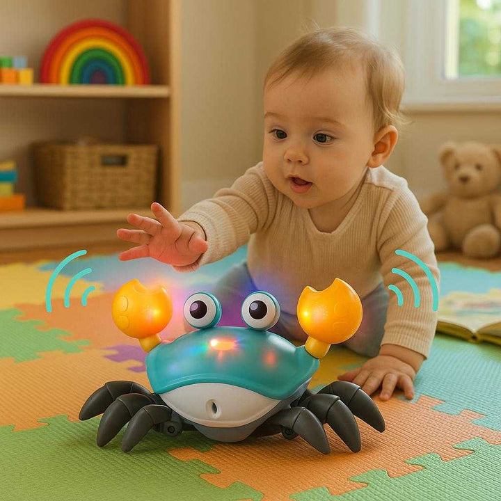 Syngende Krabbe Legetøj med Farverige Lyde og Bevægelser til Børns Underholdning: A realistic playroom setting where the Syngende Krabbe Legetøj is properly grounded on a soft, colorful play mat, being actively used by a child sitting nearby.