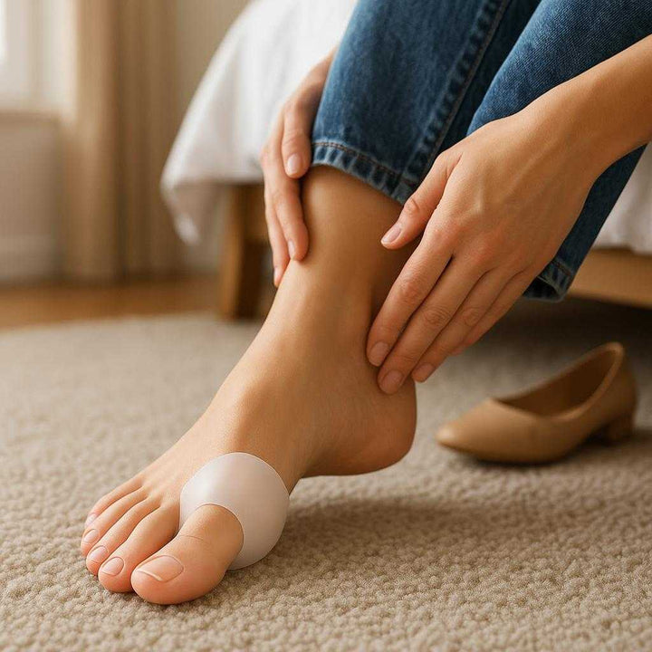 Tå Separator → Separator i Silikone og Blød Plastik - 2 stk. - Forbedret Komfort og Forebyggelse af Vabler: A realistic bedroom setting where the product is properly grounded on a soft, carpeted floor, being actively used by a person's foot as they sit on the bed, preparing for a day out.