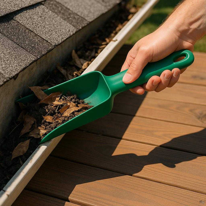 Tagrende Skovl i Grøn Plastik - Let at Bruge, holdbar og Vejrbestandig: A realistic garden setting where the green plastic gutter scoop is properly grounded on a wooden deck, being actively used by a hand to clean out debris from a gutter.
