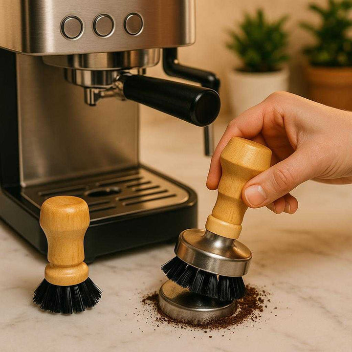 Tamperbørste med Ergonomisk Trægreb og Effektive Børstehår - Ideel til Rengøring af Espresso Tamper: A cozy kitchen setting, where the tamper brush with its ergonomic wooden handle is placed beside a sleek espresso machine.
