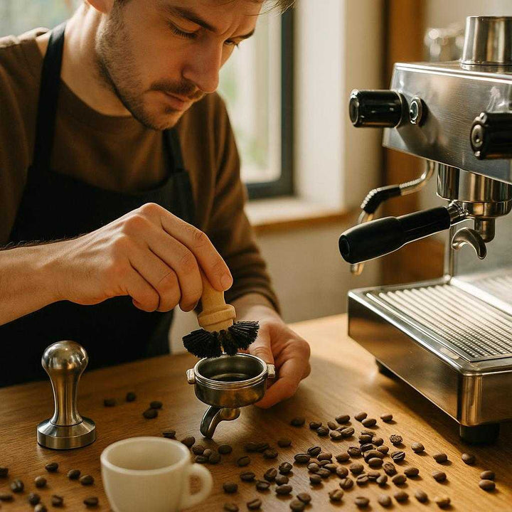Tamperbørste med Ergonomisk Trægreb og Effektive Børstehår - Ideel til Rengøring af Espresso Tamper: A vibrant café scene, where the tamper brush is seen alongside a barista preparing espresso.