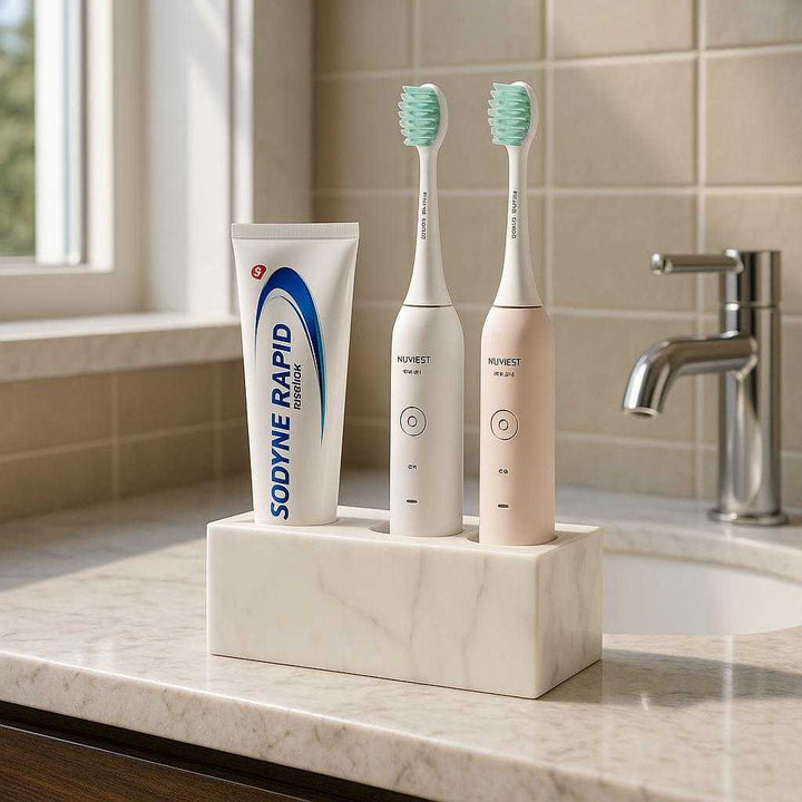 Tandbørste holder i hvid og sort - Plastik og metal med glat konstruktion: A realistic modern bathroom setting where the toothbrush holder is properly grounded on a sleek, polished marble countertop, being naturally placed next to a bathroom sink.