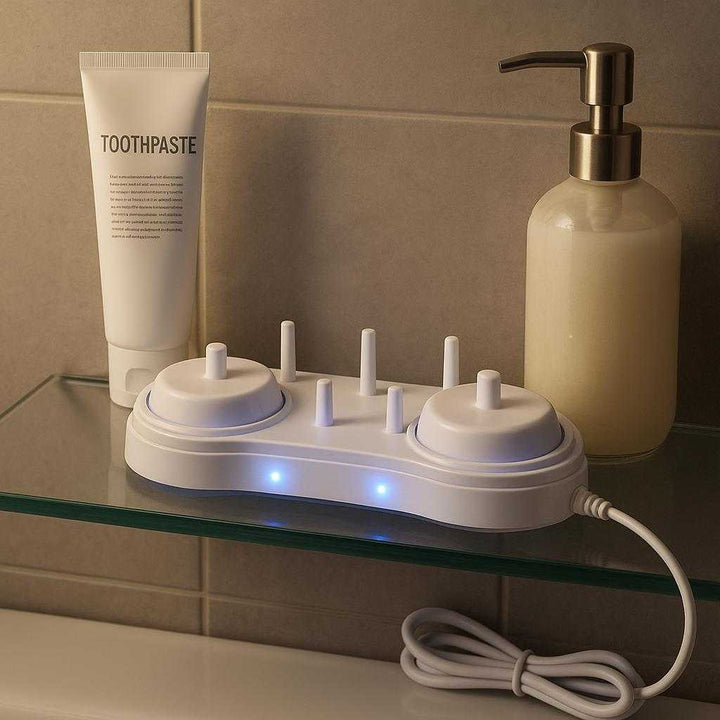 Tandbørsteholder med UV-sterilisator og Automatisk Dispenser - Høj Kvalitet Elektrisk Design: A different realistic modern family bathroom setting where the Tandbørsteholder med UV-sterilisator og Automatisk Dispenser is securely positioned on a glass shelf, naturally placed among other bathroom essentials like toothpaste and a soap dispenser.