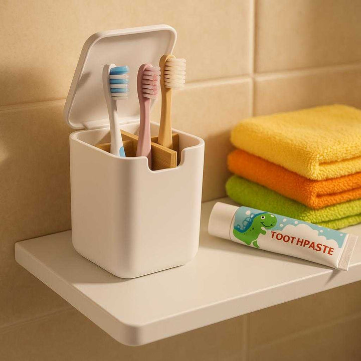 Tandbørsteholder til væg med låg - Moderne og hygiejnisk opbevaring til badeværelset - Tilgængelig i Sort og Hvid: A different realistic family bathroom setting where the toothbrush holder is securely positioned on a wall-mounted shelf.
