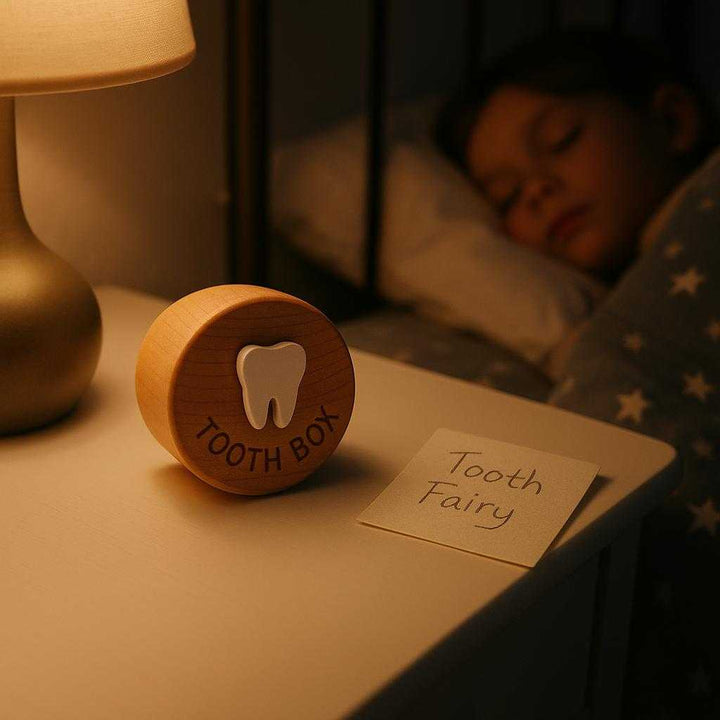 Tandæske i træ med låg – Høj Kvalitet Opbevaring til Mælketænder, Rund Design. A wooden tooth box sits on a child's bedside table next to a small tooth fairy note, with a night lamp softly illuminating the room.