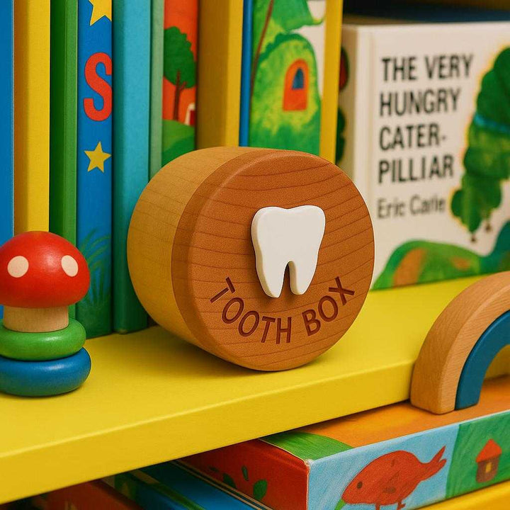 Tandæske i træ med låg – Høj Kvalitet Opbevaring til Mælketænder, Rund Design. The wooden tooth box is placed on a vibrant children's bookshelf, surrounded by colorful storybooks and toys, highlighting its decorative appeal.