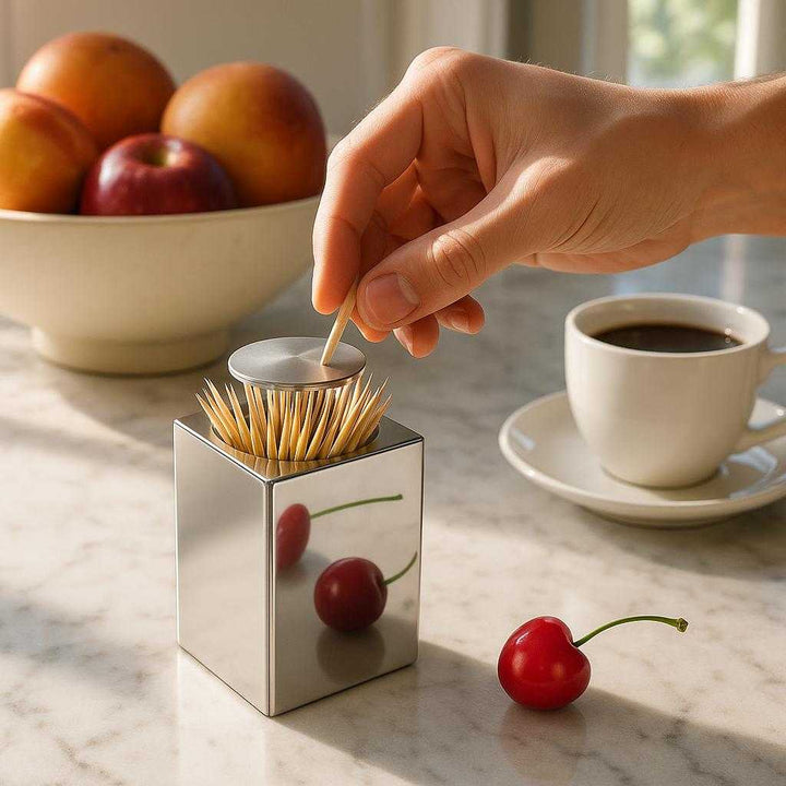 Tandstik Holder i Rustfrit Stål - Let Adgang, Stilfuldt Design, Holdbar Konstruktion: A realistic modern kitchen counter where the stainless steel toothpick holder is properly grounded on a marble countertop, being actively used as a hand reaches to take a toothpick.