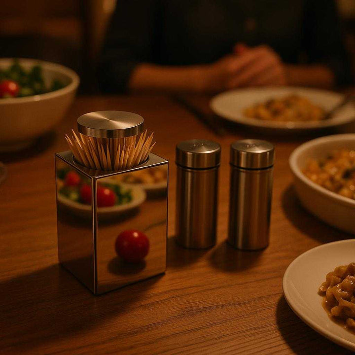 Tandstik Holder i Rustfrit Stål - Let Adgang, Stilfuldt Design, Holdbar Konstruktion: A different realistic dining table setting where the toothpick holder is securely positioned on a wooden table during a family meal, being naturally placed next to a salt and pepper shaker.
