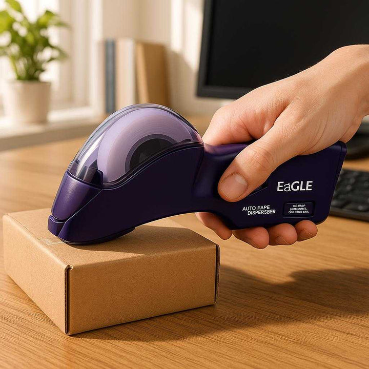 Tape Dispenser i Plastik - Nem, Hurtig, Ergonomisk - Lilla, Grå, Lyserød, Hvid: A realistic home office setting where the tape dispenser is properly grounded on a wooden desk, being actively used by a person's hand to seal a cardboard box for shipping.
