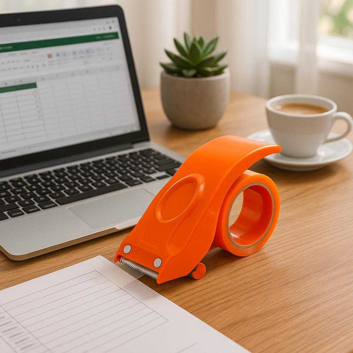 Tapeafskærer i moderne design - Ergonomisk, letvægtig og nem at bruge - Orange: A bright and modern home office setting, where the orange tape dispenser is being used on a stylish wooden desk.