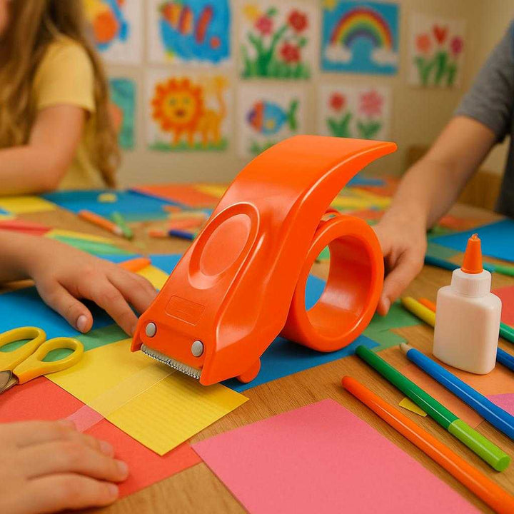 Tapeafskærer i moderne design - Ergonomisk, letvægtig og nem at bruge - Orange: A bustling children's art and craft room, with the orange tape dispenser placed prominently on a colorful table covered with paper, scissors, glue, and markers.