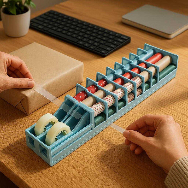 Tapeholder i Blå - Plastik, metal, Modulær Konstruktion - Organiserer Gavepapir, Forenkler Indpakning: A realistic home office setting where the tapeholder is properly grounded on a wooden desk, being actively used by a person wrapping a gift.