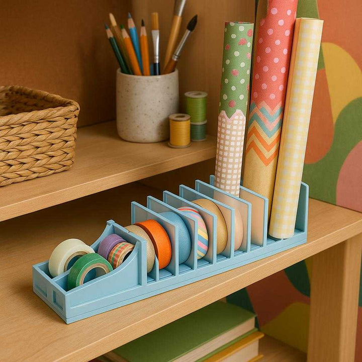 Tapeholder i Blå - Plastik, metal, Modulær Konstruktion - Organiserer Gavepapir, Forenkler Indpakning: A different realistic craft room setting where the tapeholder is securely positioned on a sturdy shelf, showcasing its modular organization capabilities in a believable way.