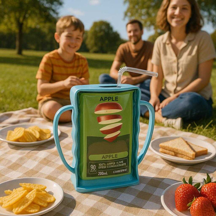 Taske Holder i Plastik - Lyseblå og Lys Lilla, Forhindrer Spild, Nem at Bære: A different realistic picnic setting where the Taske Holder i Plastik is securely positioned on a picnic blanket spread across a grassy field.