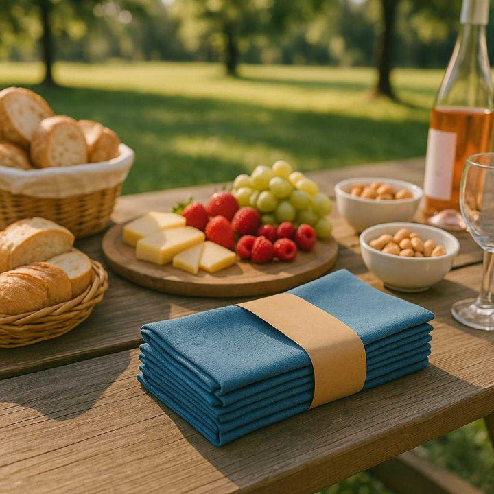 Tekstilserviet i klassisk design - Genbrugelig og absorberende, tilgængelig i 7 farver. In a serene outdoor picnic setting, the textile napkin adds a touch of color to a wooden picnic table spread with delicious snacks, enhancing the joy of a sunny afternoon gathering with friends.