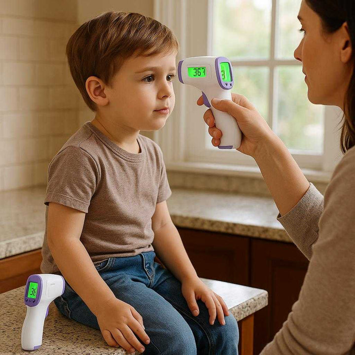 Temperaturmåling Infrarød Termometer - Præcis og Avanceret til Hjem & Industri: A realistic home setting where the infrared thermometer is properly grounded on a kitchen counter, being actively used by a parent checking a child's temperature.