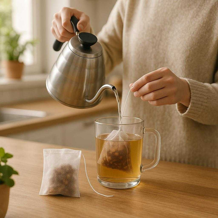 Teposer i Ultrafint Mesh med Snor og Snørestop - Genanvendelige og Perfekte til Løs Te (100 stk): A realistic kitchen setting where the ultrafine mesh tea bags are properly grounded on a wooden countertop, being actively used by a person who is pouring hot water over a tea bag in a transparent glass mug.