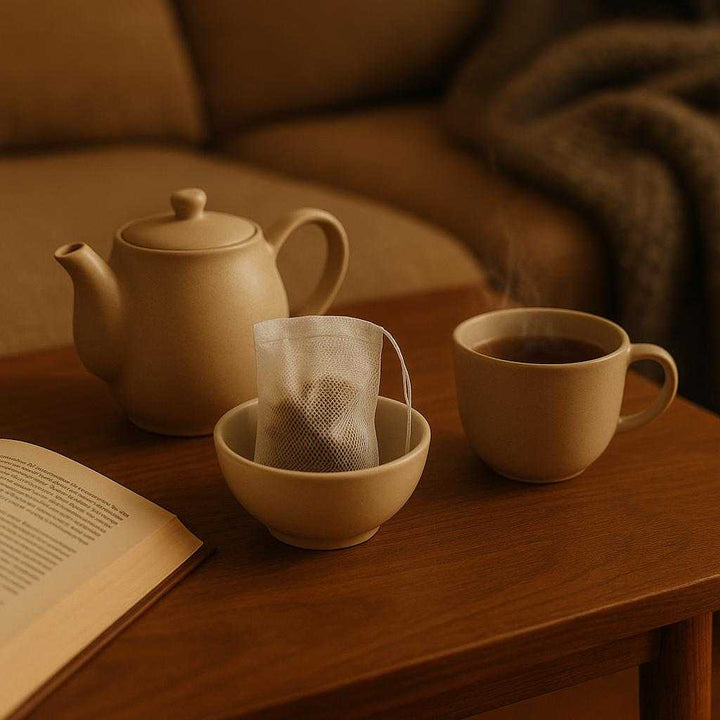 Teposer i Ultrafint Mesh med Snor og Snørestop - Genanvendelige og Perfekte til Løs Te (100 stk): A different realistic living room setting where the ultrafine mesh tea bags are securely positioned in a small ceramic bowl on a coffee table.