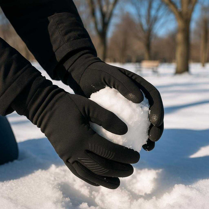 Termohandsker med Touch til Herre, Dame og Børn - Høj Kvalitet Vinterhandsker i S, M, L, XL: A realistic snowy park setting where the gloves are properly grounded in the hands of a person making a snowball.