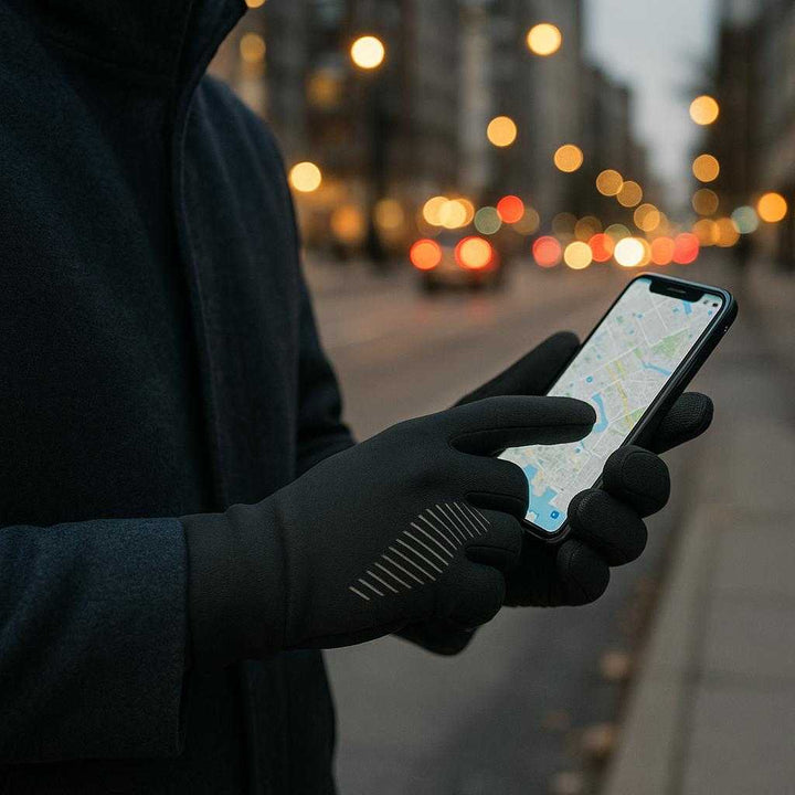 Termohandsker med Touch til Herre, Dame og Børn - Høj Kvalitet Vinterhandsker i S, M, L, XL: A different realistic urban setting where the gloves are securely positioned on the hands of a person using a smartphone on a wintry city street.