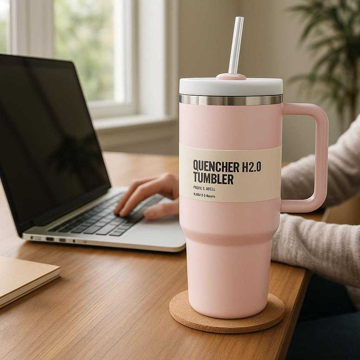 Termokop med sugerør tilbehør - Hvid og Pink Isoleret drikkekop i rustfrit stål: A realistic home office setting where the pink insulated tumbler is properly grounded on a wooden desk, being actively used by a person working on a laptop.