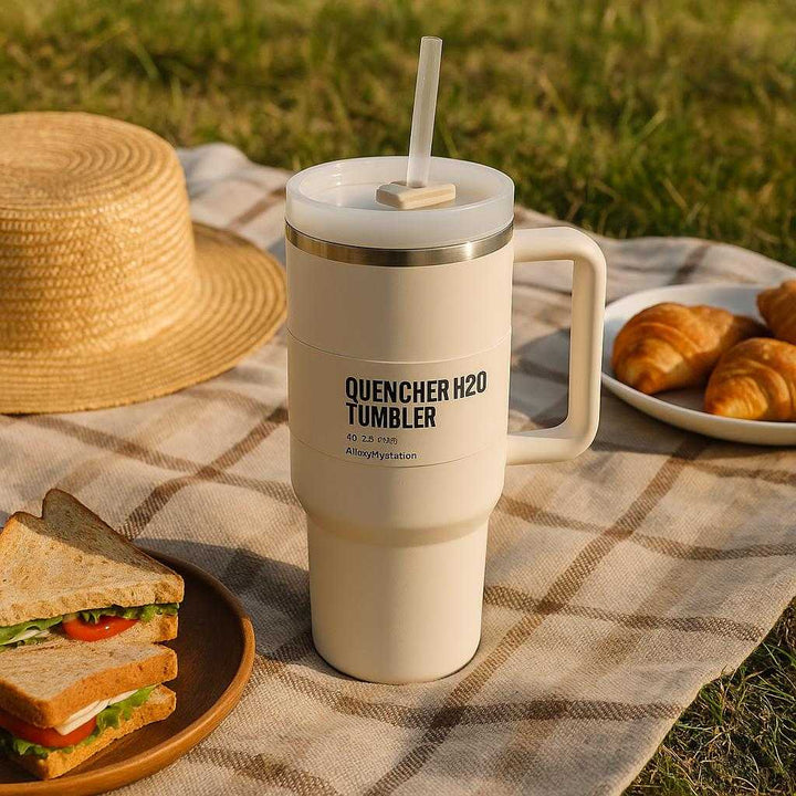 Termokop med sugerør tilbehør - Hvid og Pink Isoleret drikkekop i rustfrit stål: A different realistic outdoor picnic setting where the white insulated tumbler is securely positioned on a plaid blanket spread on the grass, surrounded by picnic items like sandwiches and a sun hat.